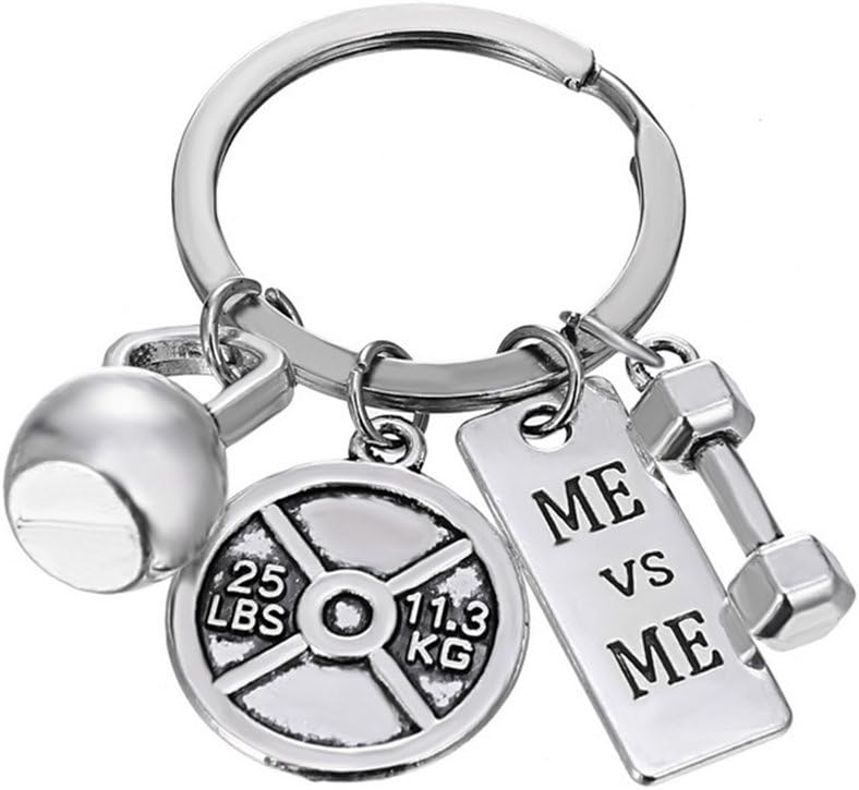 Sports Party Favor Keychains Fitness Gym Keyring with Quotes Dumbbell and Kettlebell Engraved Me Vs Me Pendant Keychain