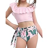 Jxstar Swimsuits for Girls 2 Piece Ruffles Neck Bikini Summer Bathing Suit with Printed Swim Shorts and Chest Pad
