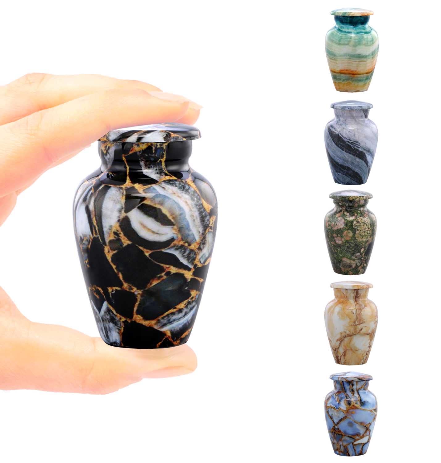 SILENT GOODBYES Luxury Black Marble Finish Metal Keepsake Cremation Urn for Ashes | Mini Memorial Urn with Velvet Bag (Luxury Black)