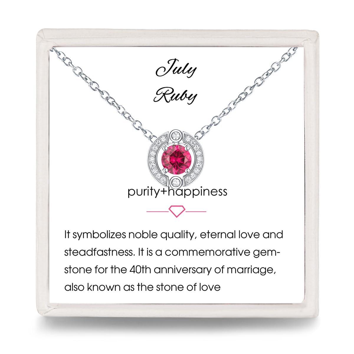 July Ruby Birthstone Necklace Women: 925 Sterling Silver Round Pendant Necklaces Minimalist Chain Red Gemstone Crystals Jewelry with Cubic Zirconia Cute Birthday Gifts for Teen Girls Daughter