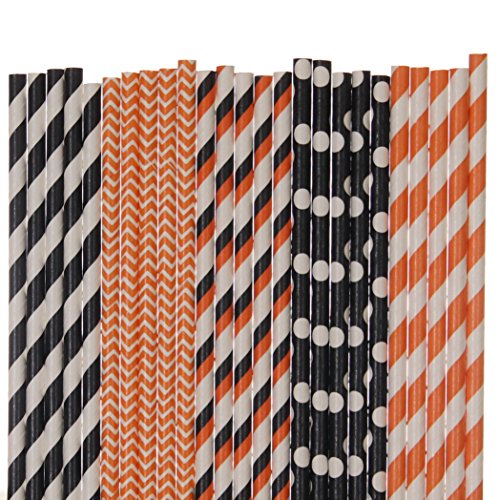 Halloween Paper Straw Mix - Orange and Black - Striped, Polka Dot, Chevron (25)