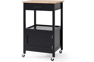 SILKYDRY Kitchen Cart on Wheels with Storage, Rolling Kitchen Island with Drawer, Open Shelf, Side Hooks, Rubber Wood Countertop, Small Kitchen Utility Cart Microwave Stand for Small Space (Black)