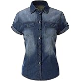 Design by Olivia Women's Cap Sleeve Button Down Denim Chambray Shirt