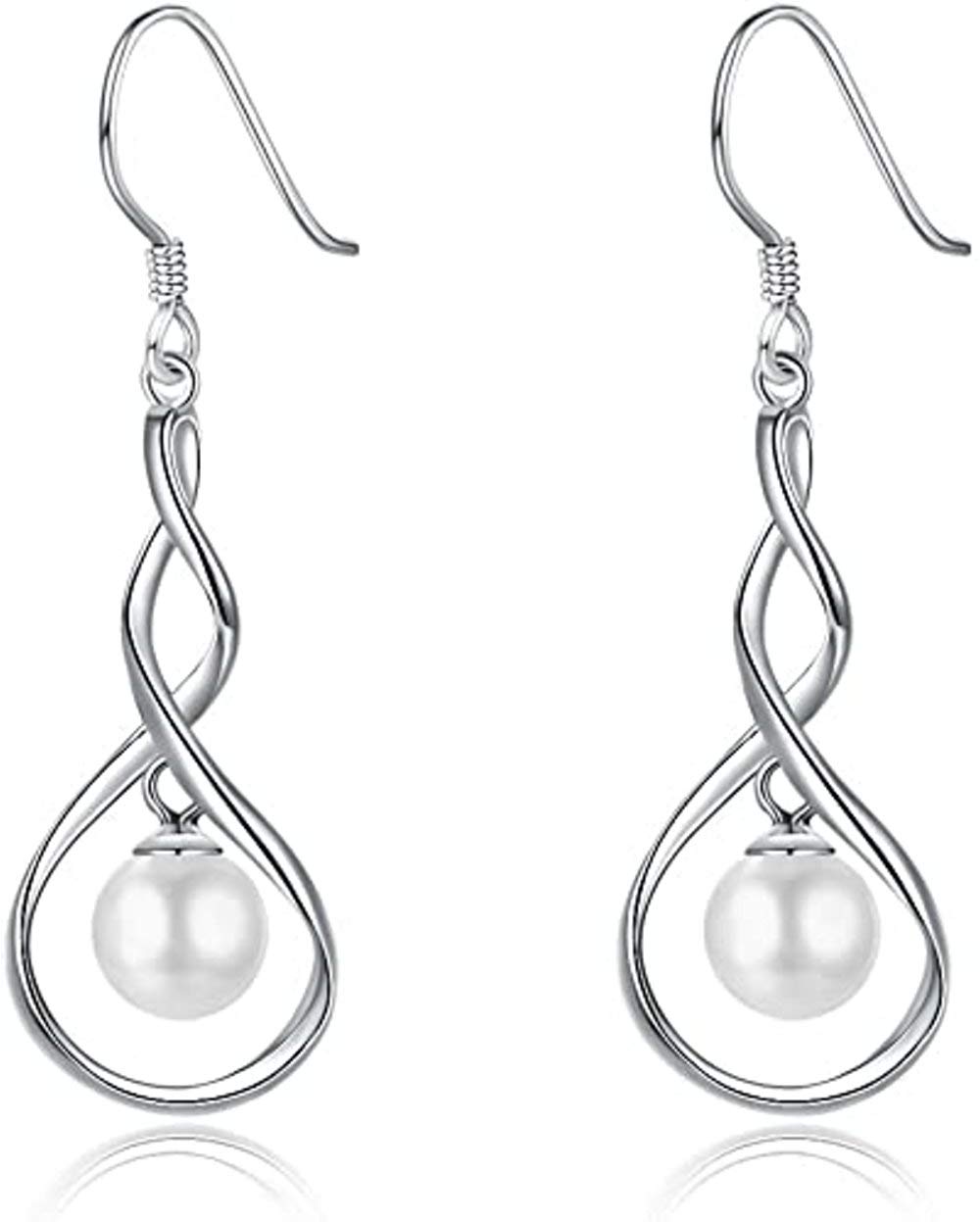 Dainty Celtic Knot Pearl Infinity 925 Sterling Silver Drop Dangle Earrings for Women Girls Sensitive Ears Wedding Fashion Dangling Hypoallergenic