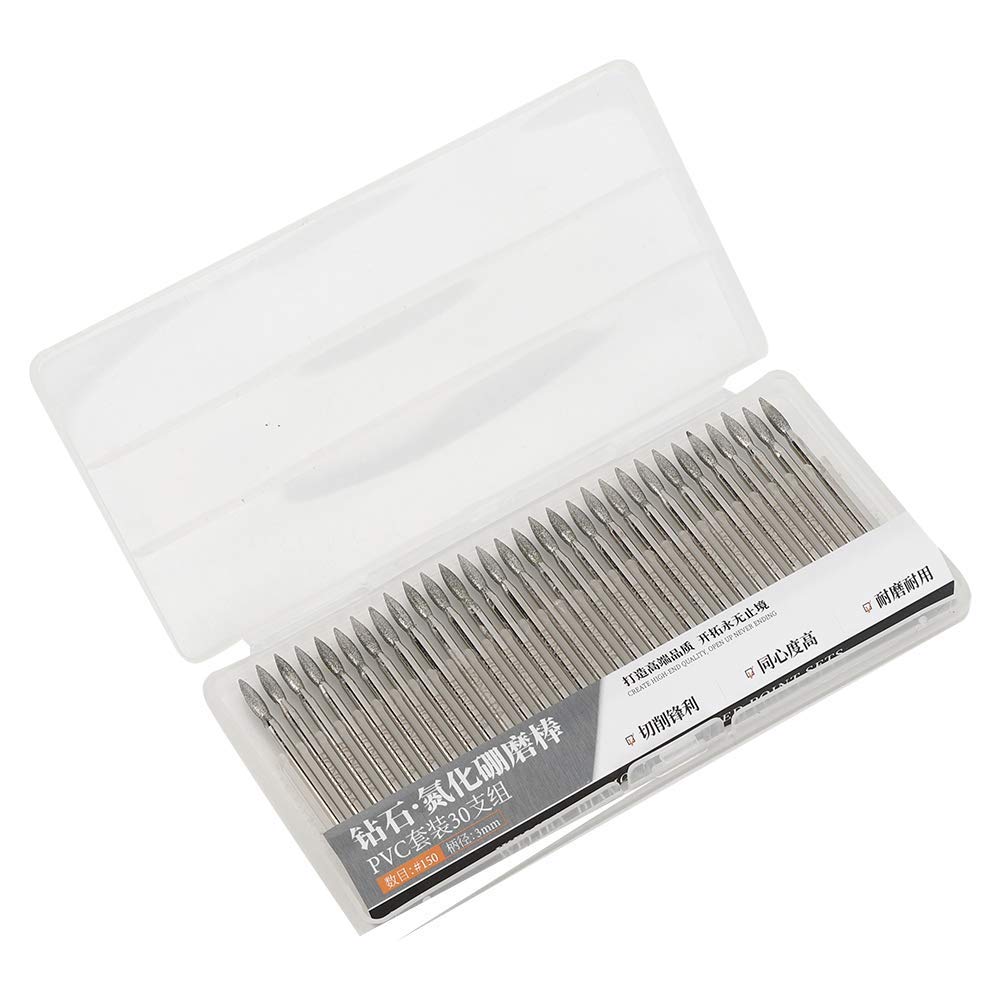 30Pcs 150 Grit Tip Diamond Grinding Bits Rotary Burr Set Electric Grinder Carving Tools 3mm for Jade Stone Engraving Cutting Glass Stone
