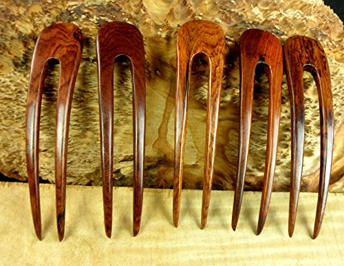 JWL (1) Laos Rosewood Two Prong Curved 5 Inch Hair Fork FPL 4 Inches Stick Pick Pic Pin Bun Holder - Hawaiian Style