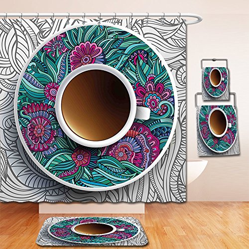 Nalahome Bath Suit: Showercurtain Bathrug Bathtowel Handtowel Kitchen Decor Coffee Herbal Tea Service Chat Happy Calming Time with Floral Detailed Image Multicolor