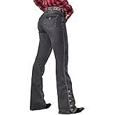 Flamingals Women's Buttoned Hem Bootcut Jeans Without Belt Mid Waist Casual Pants Navy Blue