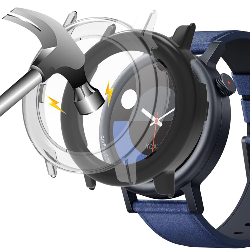 Akancy [2 Pieces] Compatible with CMF by Nothing Watch Pro 2 Hard Case with Screen Protector, 9H Hardness Hart PC Slim Tempered Glass Case for Smart, Transparent Black