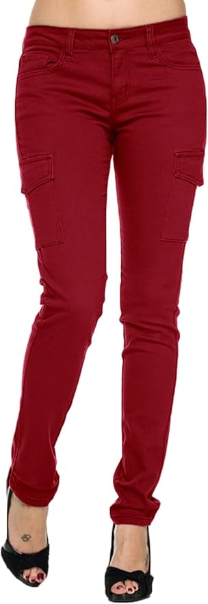 2LUV Women's Fashionable Skinny Cargo Twill Pants Burgundy 3 at Amazon Womenâs Clothing store