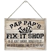 Funny Gift for Mechanic Pap Pap Grandpa, Father's Day Gift for Pap Pap, Pap Pap's Fix It Shop Sign, Rustic Wooden Hanging Plaque Sign, Home Garage Door Hanger, Garage Decor, Pap Pap Workshop Decor