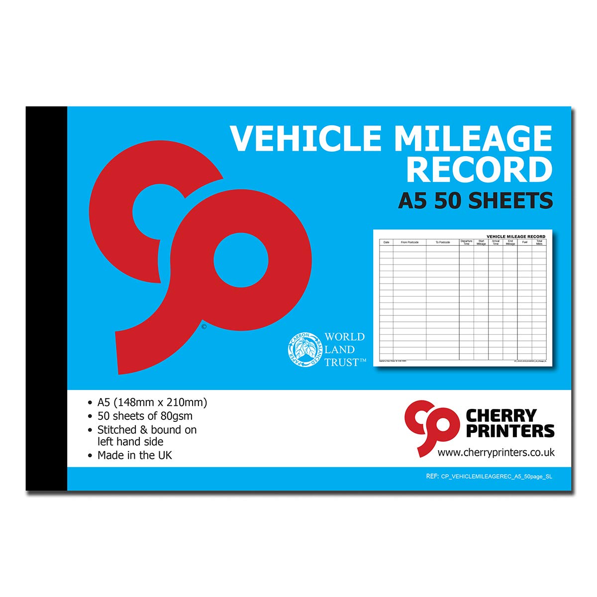Cherry Vehicle Mileage Record Log Book SL A5 50pages 80gsm