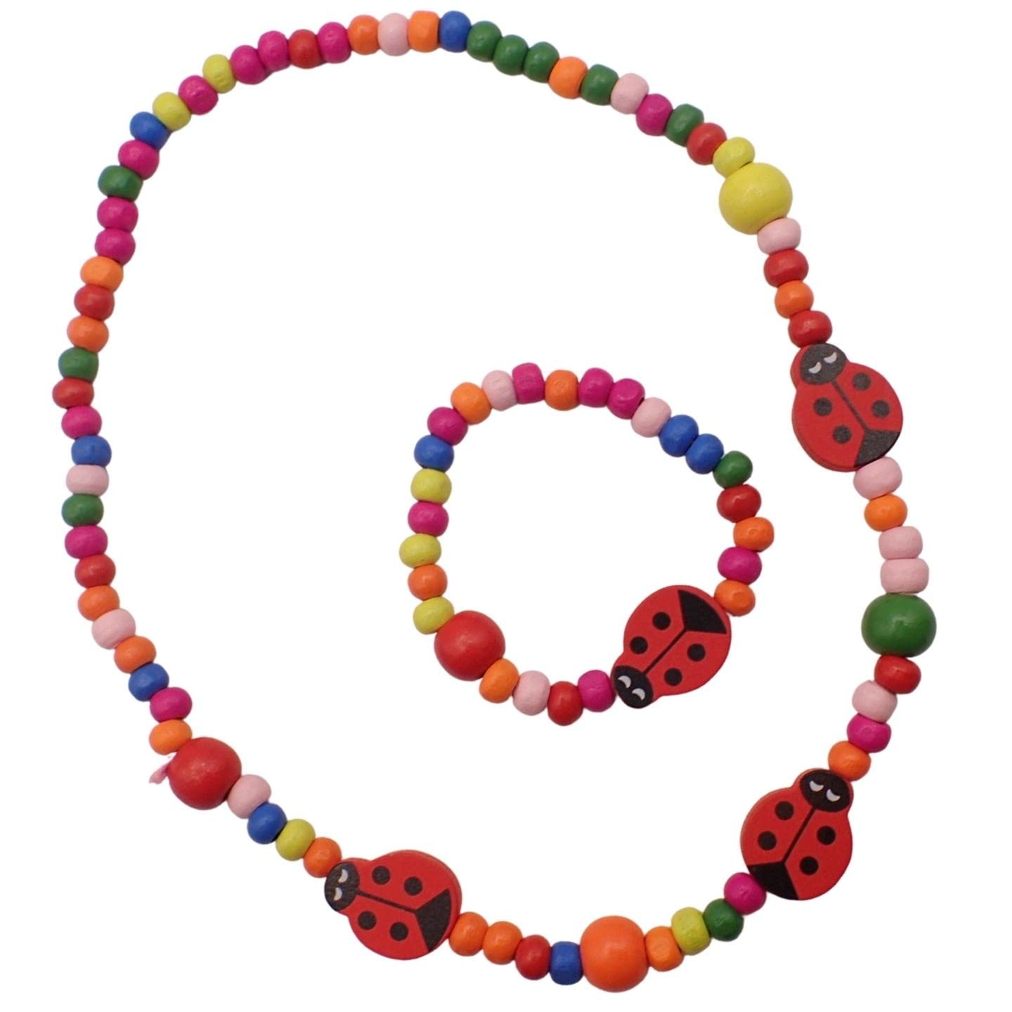 Topkids Accessories Children's Wooden Necklace & Bracelet Sets, Colourful Chunky Wooden Jewellery For Kids Costume Party Game Prizes, Perfect For Party Bag (Multicolour Ladybugs)