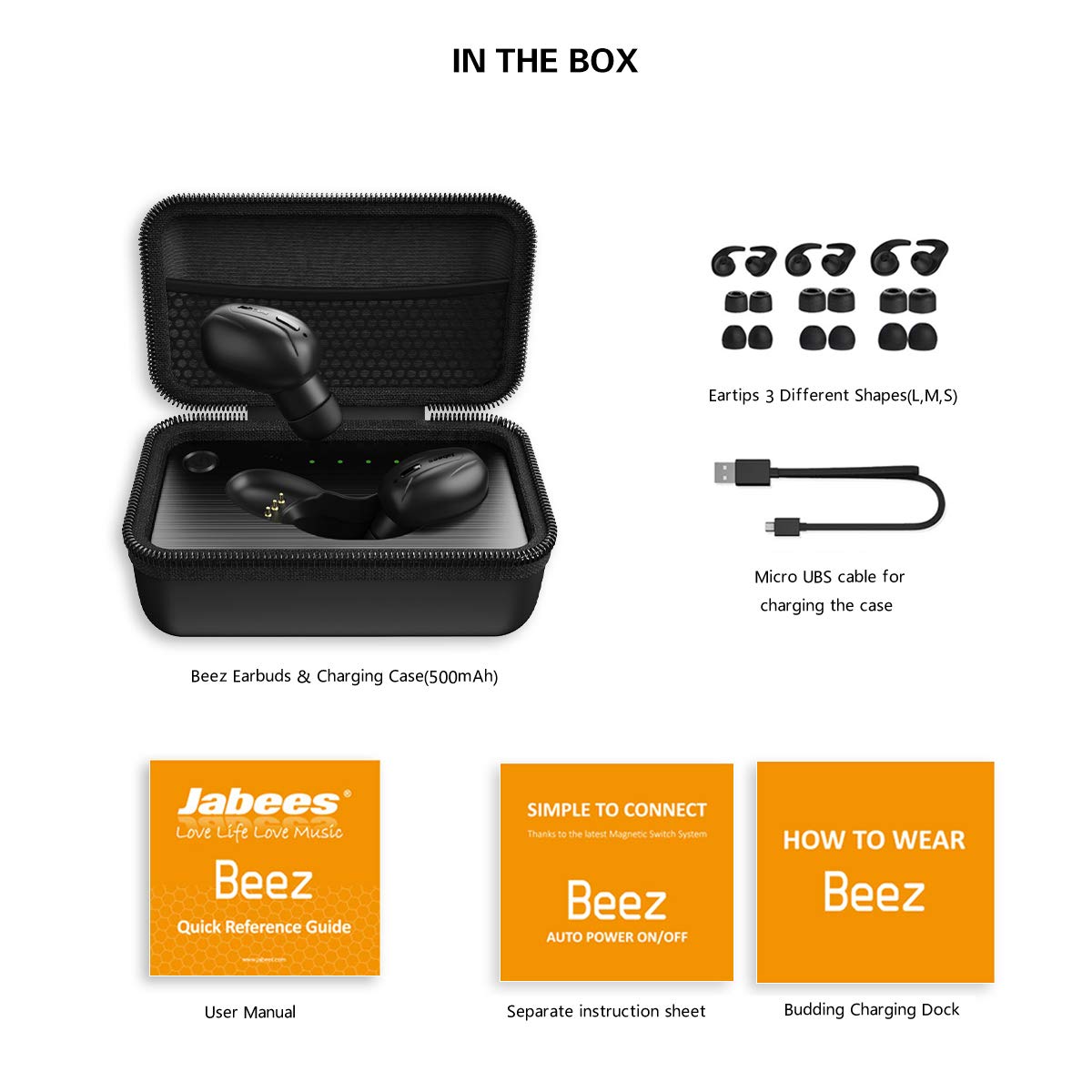 Jabees True Wireless Earbuds, Beez Waterproof Bluetooth Earphones,Premium Bass Stereo in-Ear Earphones W/mic, Charging Case for Headsets Included