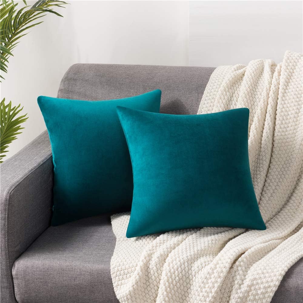 DEZENE Throw Pillow Cases 18x18 Teal: 2 Pack Cozy Soft Velvet Square Decorative Pillow Covers for Farmhouse Home Decor: Home & Kitchen