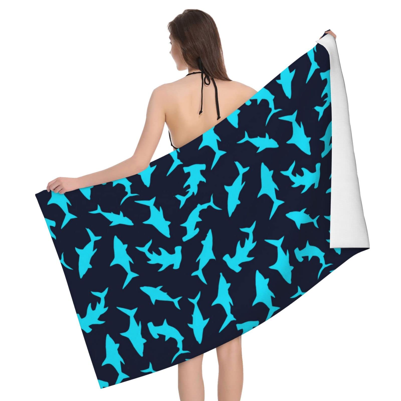 Makachen Shark Beach Towel, Large Microfiber Beach Towels Oversized, Sand Free Beach Towel for Bath, Travel, Outdoor, Pool, Sport, Hotel, Gym and Spa, Blue, 28x55 inch