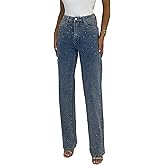 Tcremisa Womens Rhinestone Jeans High Waisted Straight Leg Denim Pants Sparkly Bling Glitter Diamond Pearls Jeans