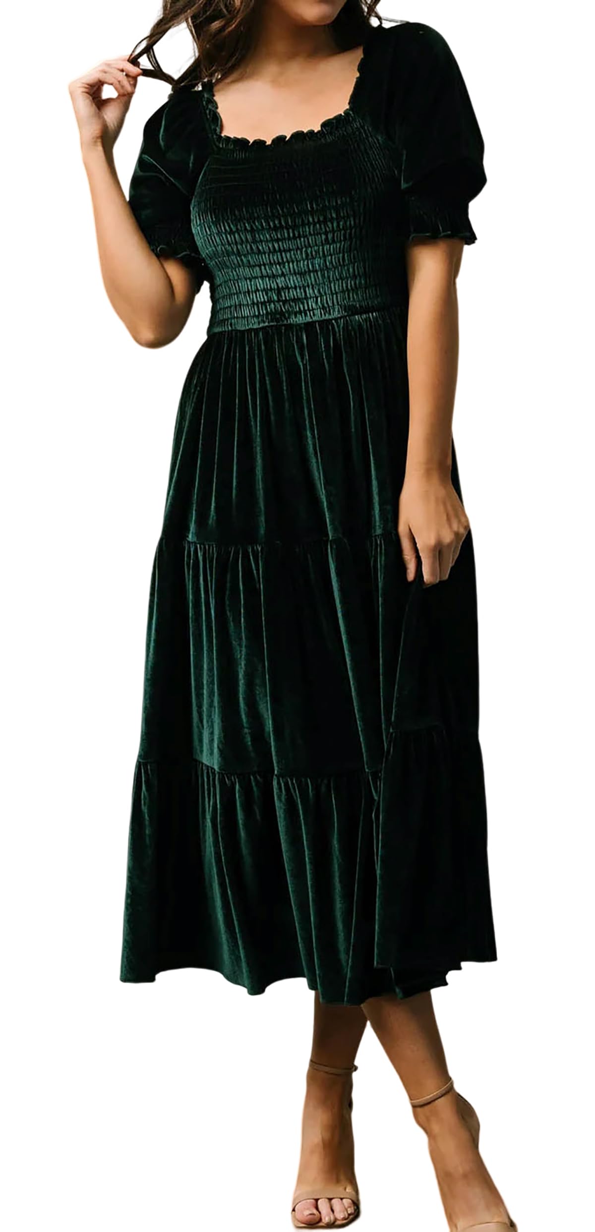 Women's Dress Puff Sleeve Plain Color Ruffle Hem 
 HW58R7Q7QX main image 1