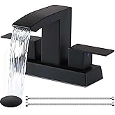 Friho Black Waterfall Bathroom Faucet, 4 Inch Centerset Bathroom Sink Faucets, 3 Hole 2 Handle with Square Spout, Pop up Drain and Water Hoses for Lavatory RV Vanity