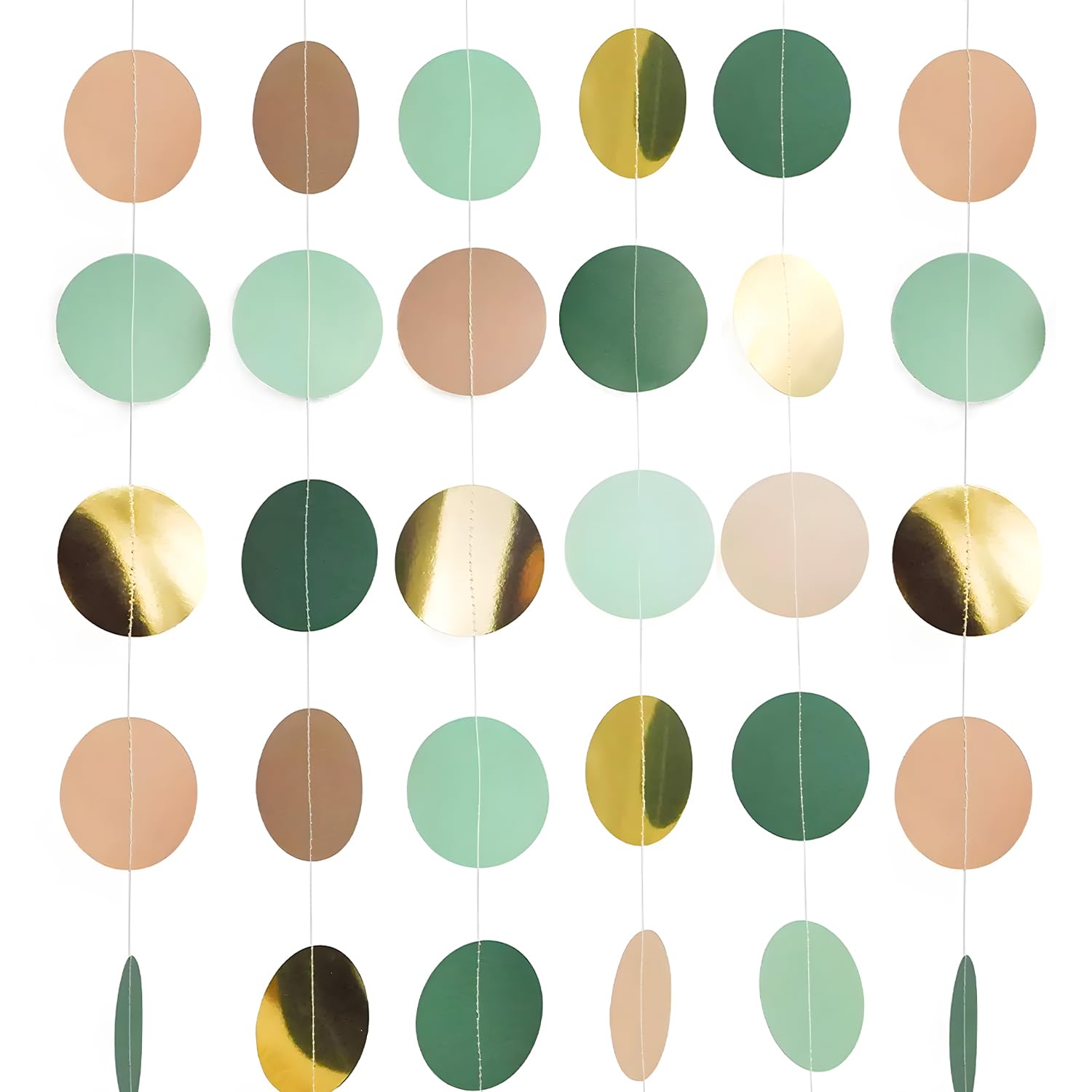 YAWYO Pack of 3 Reflective Paper Garland, Hanging Circle Dots Streamer, Green Gold Round Garland for Birthdays, Carnival, Anniversaries, Weddings Decoration