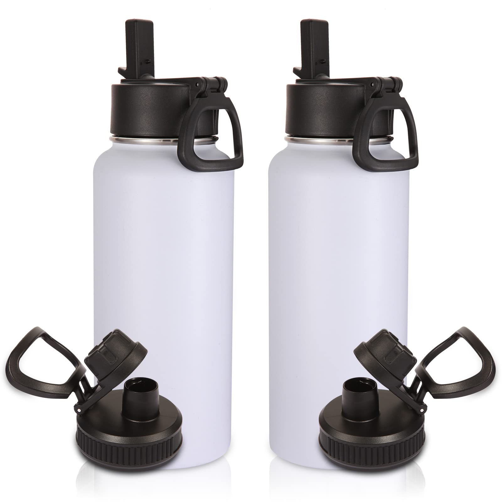 Volhoply 1 Litre Water Bottles Bulk 2 Pack with Straw Lid & Spout Lid,Insulated Sports Water Bottle,Double Wall Vacuum Stainless Steel Tumbler,Leak Proof Wide Mouth Metal Flask for Travel(White,2)