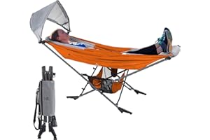 REPUBLIC OF DURABLE GOODS Portable Hammock with Stand, World's Best Mock ONE® Hammock, Compact Folding Framed Hammock with Adjustable Sunshade Canopy for Park, Backyard, Garden, Camping, Hiking, Mountaineering, Beaches- Orange
