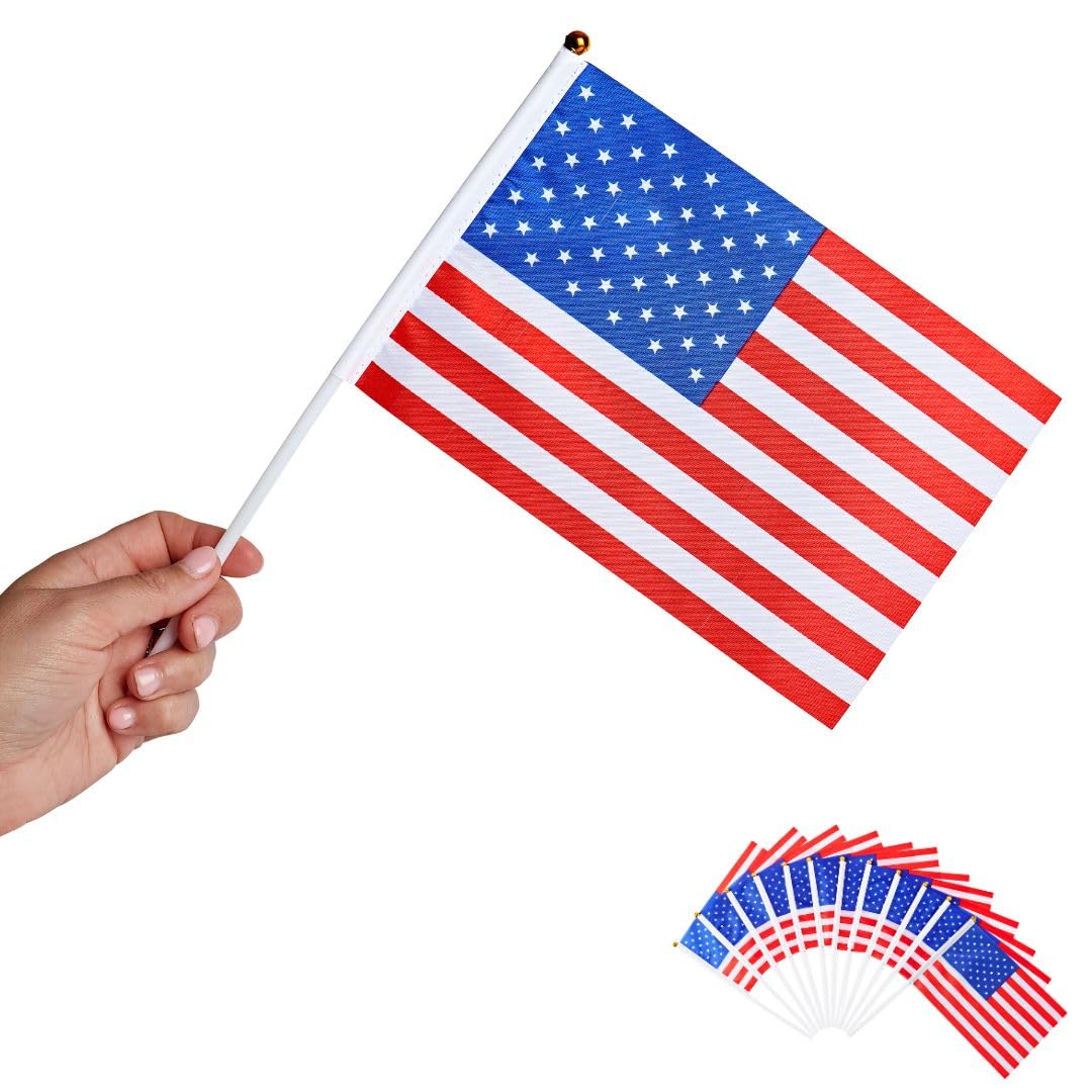 Runesol 12 Pack Hand Held USA Flags, 14cm x 21cm, Mini Flags of the World, American Flags, Small Flags on Sticks, Party Decorations on Stick, Sports, Events