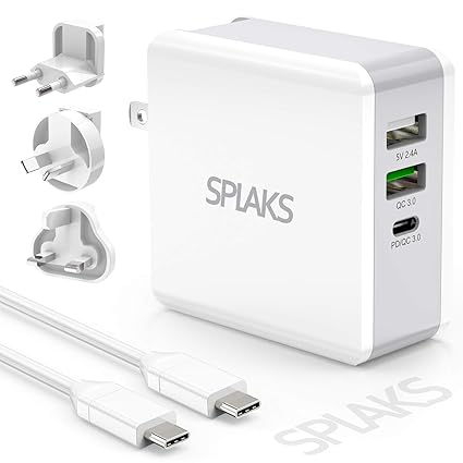 Splaks USB C Ladegerät 65W 3-Port PD+QC mit EU/UK/AU und integriertem USA Stecker 1m C to C Kabel schnell Aufladen für MacBoo