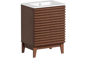 ROOMTEC 24" Walnut Modern Freestanding Bathroom Vanity Sink with Storage, 2 Levels, 2 Compartments, Undermount Ceramic Sink