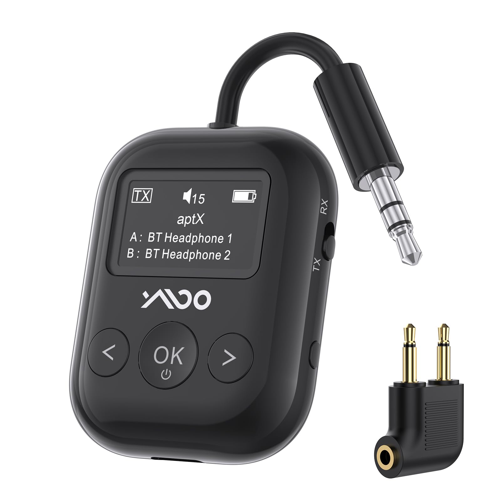 Photo 1 of YMOO Bluetooth 5.4 Transmitter Receiver for Airplane, Bluetooth Adapter Supports 2 Headphones/Speakers with aptX Low Latency, 3.5mm Aux Wireless Audio Adapter with Screen for Flight Gym Home Travel