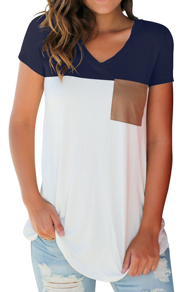 Short Sleeve V Neck Tee Shirts Tops Blouse with Suede Pocket Navy M