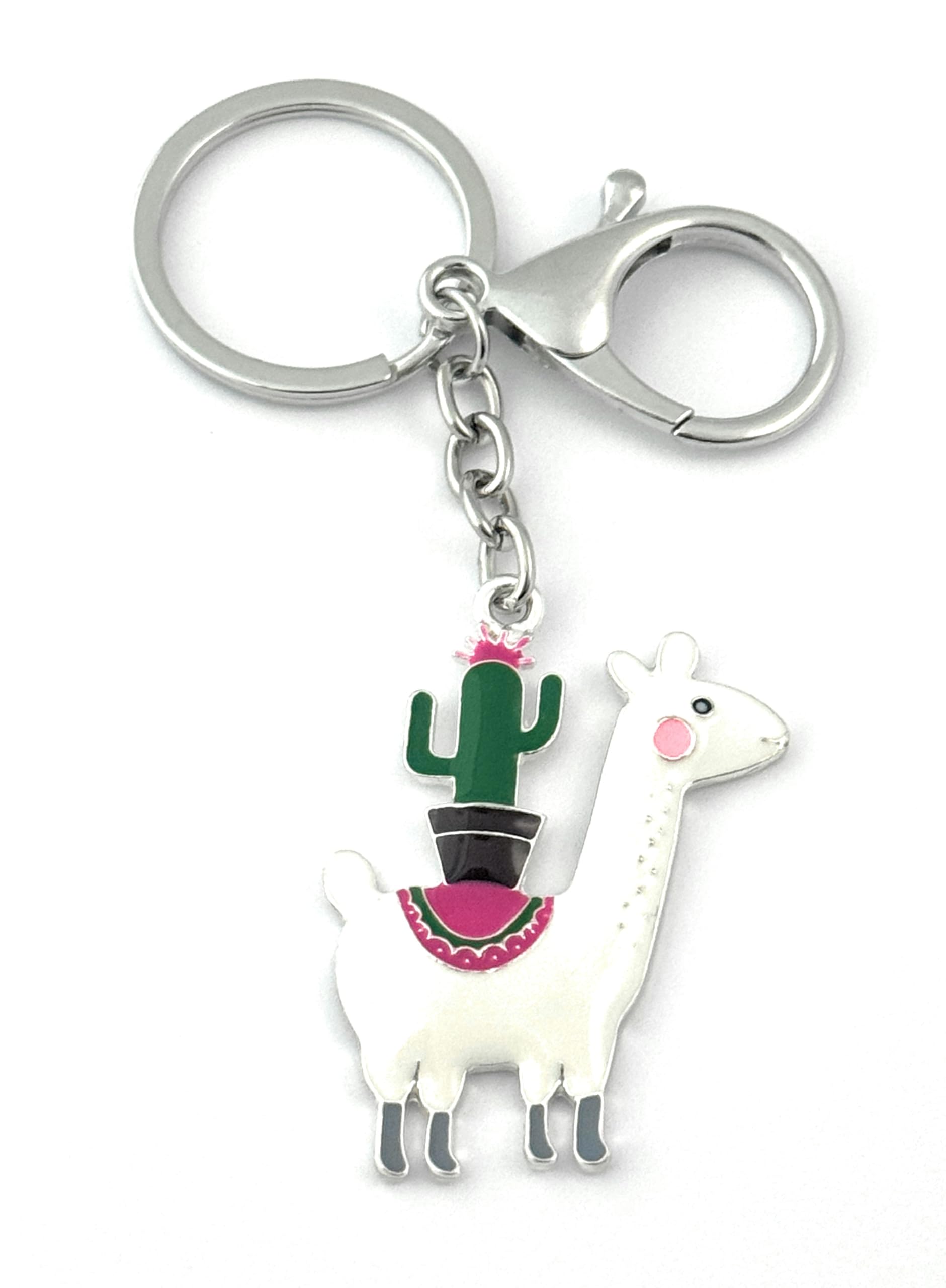 FizzyButton Gifts Llama Alpaca with Cactus Keyring Key Ring with Enamel Charm and Lobster Clasp
