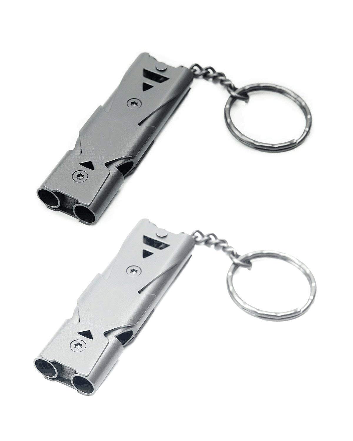 TECHVIDA Emergency Stainless Steel Whistle Double Tubes High Decibels Outdoor Survival Signal for Safety Life Saving Key Chain for Camping/Hiking, 2 Pack