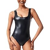 Ausing Bodysuit Leather Black for Women Sleeveless Square Neck Sexy PU Tummy Control Shapewear Leotard Tank Top S-4XL