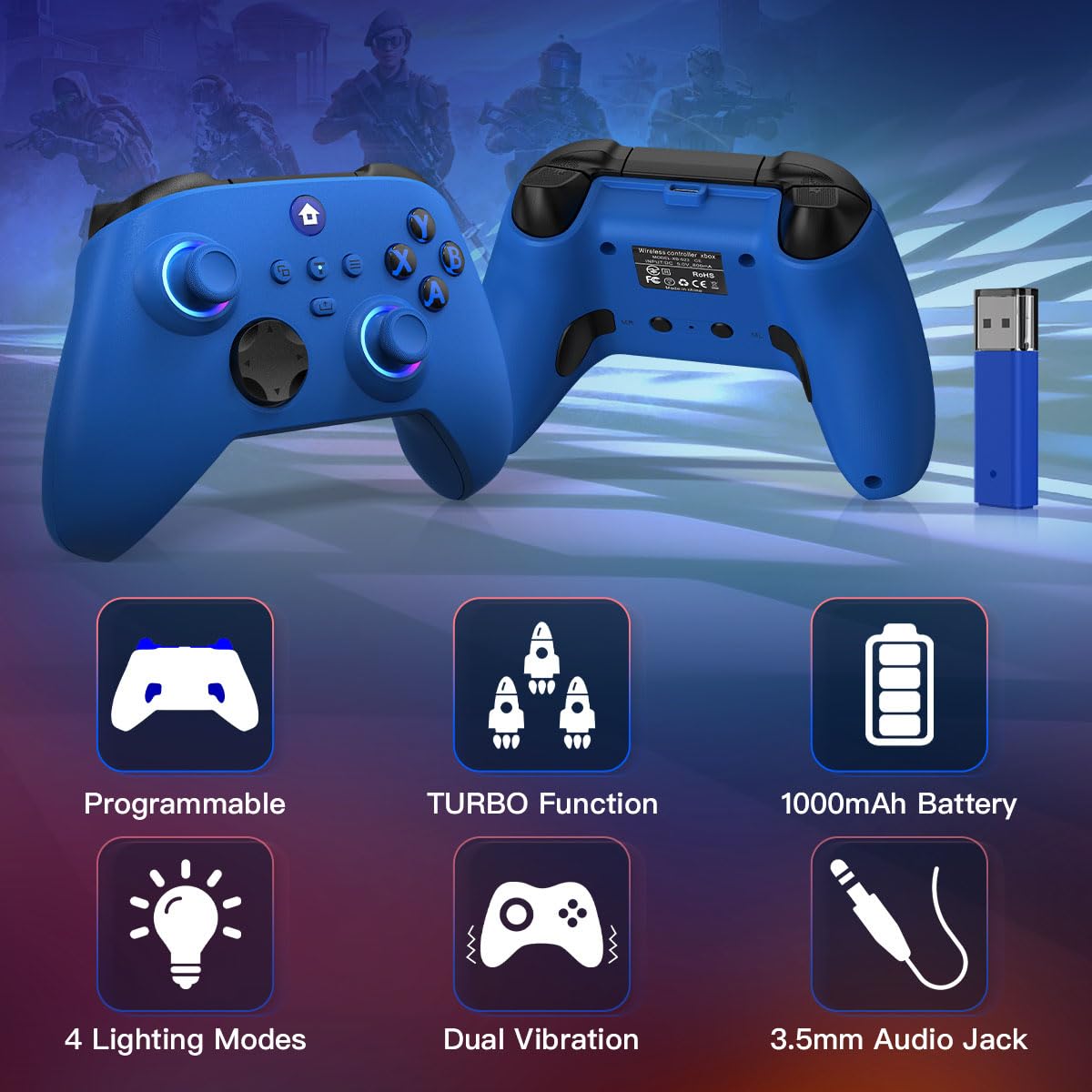 Choopp Xbox Controller, 2.4GHz Wireless Xbox Controller, Xbox One Controller with 1000mAh Battery, Programmable, Turbo Function, 4 Lighting Modes, for Xbox Series X|S, Xbox One X|S, Xbox One, PC