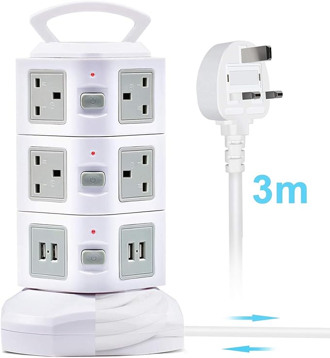 Power Strip Tower Extension Lead with USB Slots, GLCON Vertical Surge