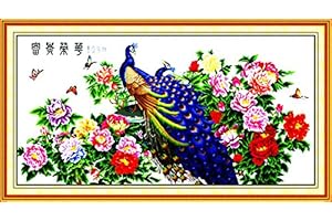 Maydear Cross Stitch Kits Stamped Full Range of Embroidery Starter Kits for Beginners DIY 11CT 3 Strands - Wealth & Honour(Peacock Edition) 68.5×35.8（inch）