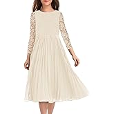 HOSIKA Flower Girl Dress Elegant Vintage Lace 3/4 Sleeve A-Line Pleated Formal Wedding Party Dress