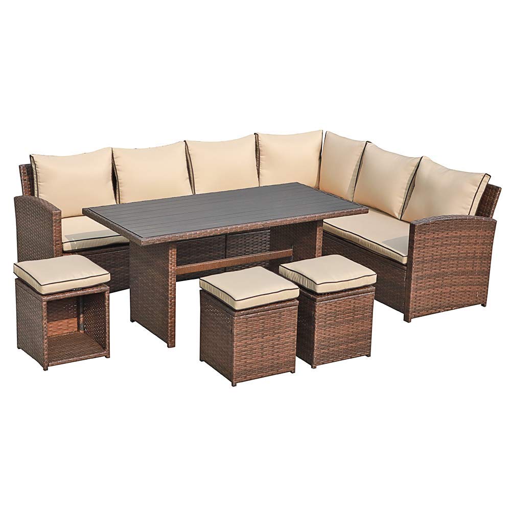 JOIVI Patio Furniture Set, 7 Pieces PE Rattan Wicker Dining Sofa Set, Outdoor Patio Furniture with Ottoman and Aluminium Table, Light Brown (incomplete missing parts)(Box C only)