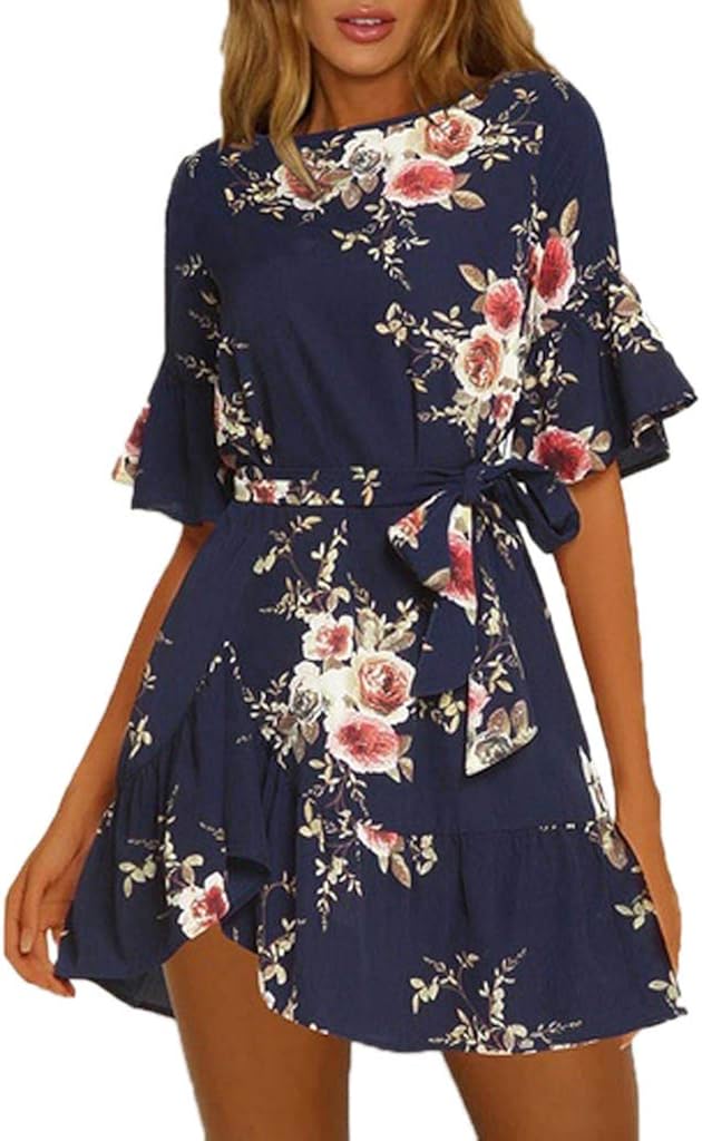 LONGDAY Women Summer Mini Dress Flare Sleeves Ruffles Hem Floral Print Shirt Dress Waist Belted Bohemian Swing Dress