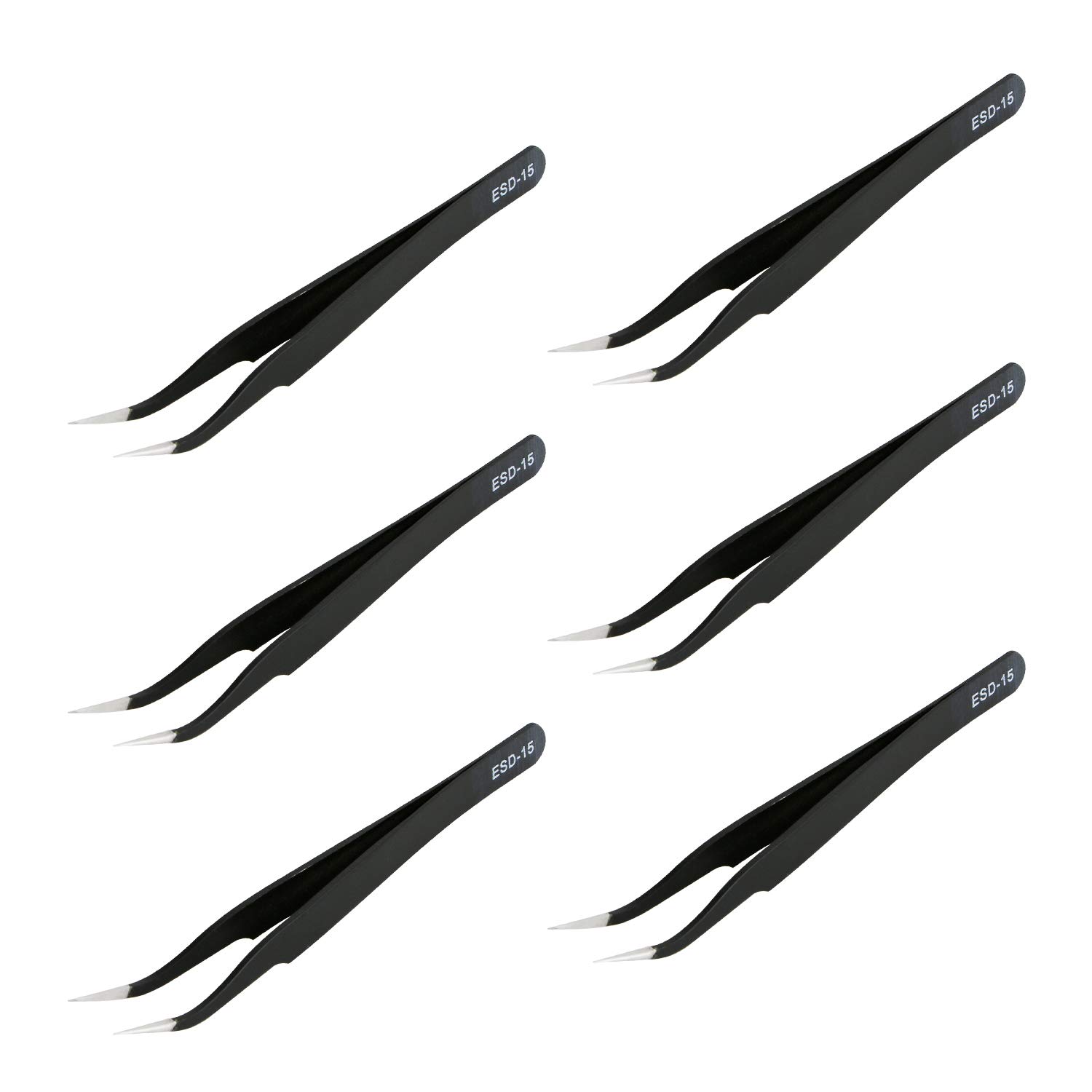 Aoje-Link ESD-15 Professional Anti-Static Technology Tweezers, Non-Magnetic Fine Tip Curved, Stainless Steel Plastic Coated, Full Length 120mm, Black, 6pcs
