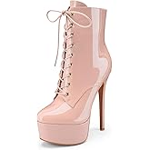 Z.Oufeier Women's Platform High Stiletto Heel Fall Ankle Boots | Zipper Patent Leather Lace Up Round Toe Short Booties