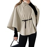 Cicy Bell Womens Batwing Sleeve Poncho Pea Coats Oversized Belted Trendy Casual Stand Collar Cloak Cape Coats
