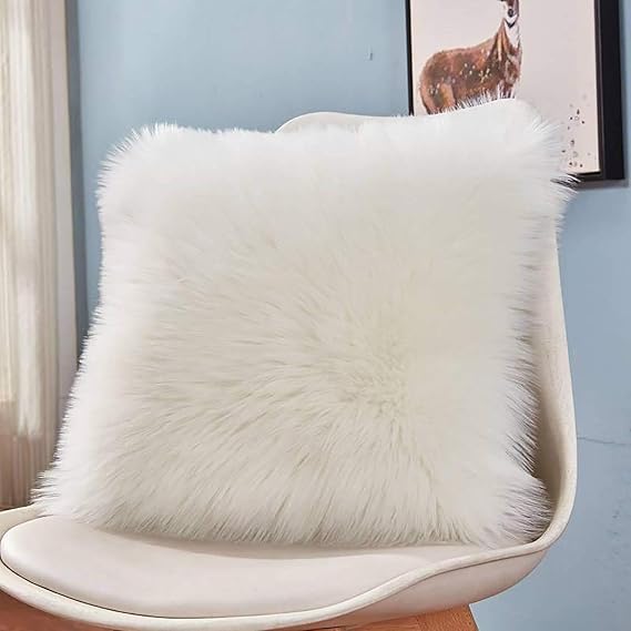 JunMu White Faux Fur Cushion Cover, Soft Plush&Deerskin Pillow Cover