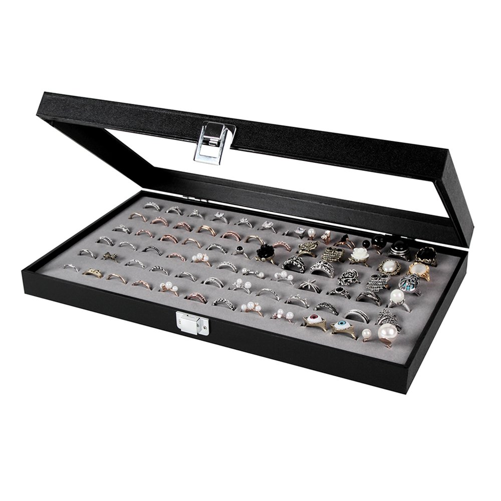 JackCubeDesign Jewellery Ring Display Organiser Storage Box Case Tray Holder with 72 Slot Ring Display(Black, Inside Gray Velvet, 37.3 x 21 x 5 cm)- :MK248C