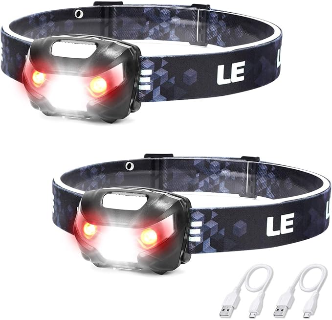 LE Head Torch Rechargeable, Lightweight Headlamp with Red Warning Lights, 5 Lighting Modes