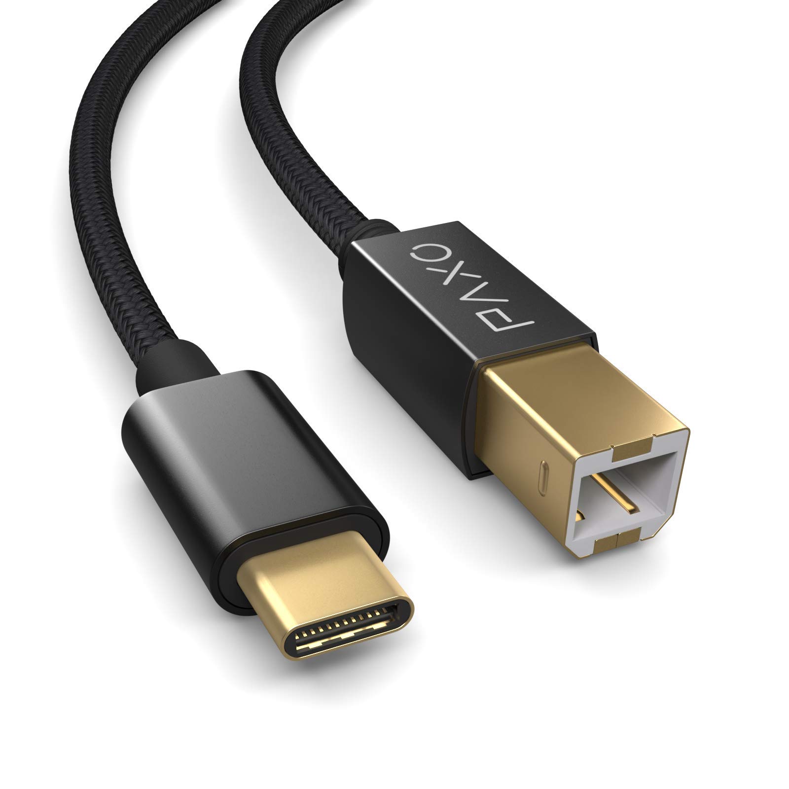 PAXO 3m nylon USB printer cable, black, USB C plug to USB B, charging cable, data cable, gold plug