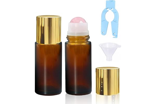 50ml Essential Oil Roller Bottles (2 Pack) with Opener & Funnel, Quartz Stone Roll On Bottles, Refillable Leak-Proof Amber Gl