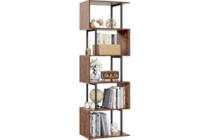 Furologee 6 Tier Bookshelf, Tall S Shaped Geometric Bookcase, Modern Display Shelf Standing Unit, Wood Metal Decorative Divider Rack for Living Room Bedroom Office, Rustic Brown
