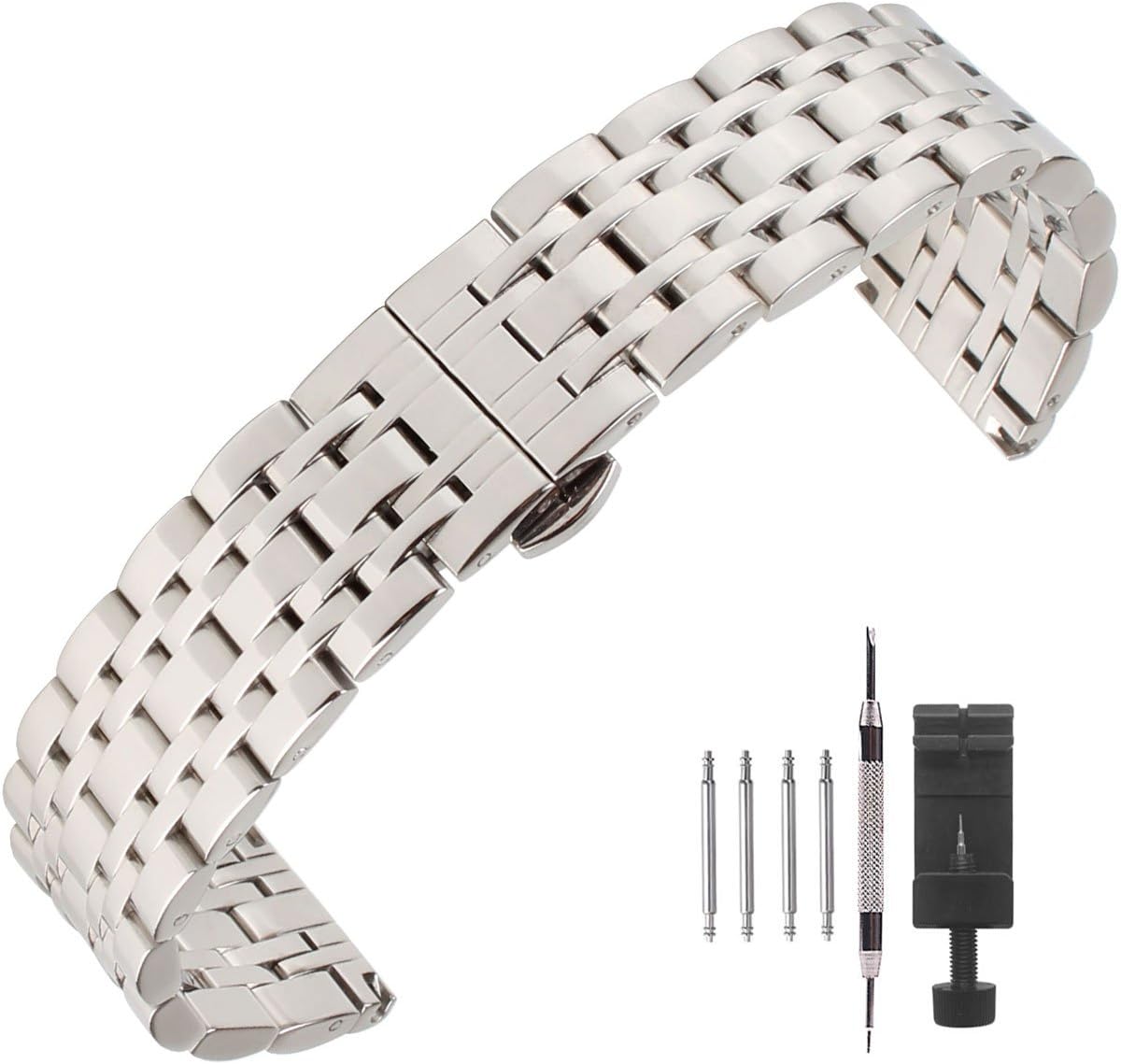 Polished Stainless Steel Solid Link Watch Band 12mm/14mm/16mm/18mm/20mm/22mm/24mm,Butterfly Buckle Bracelet Strap Replacement for Samsung Gear Silver,Repair Tools Included